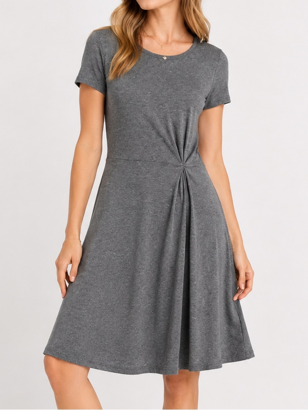 Halogen Twist Front Fit & Flare Dress Gray Knit Short Sleeve Midi L NWT
